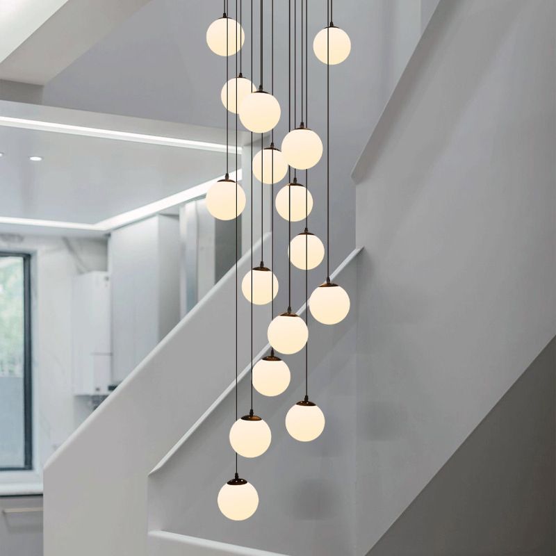 White Glass Cluster Globe Pendant Simplicity Black Multi-Light Ceiling Lamp for Staircase