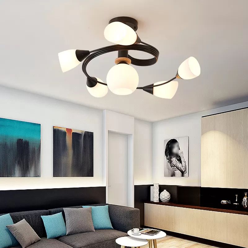 Luz de techo espiral retro de lámpara de vidrio blanco de vidrio semi de montura de montaje para sala de estar