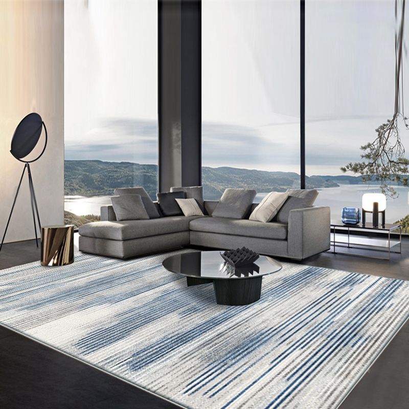 Blue Stripe Pattern Rug Polyester Modernist Rug Machine Washable Anti-Slip Backing Rug for Sitting Room