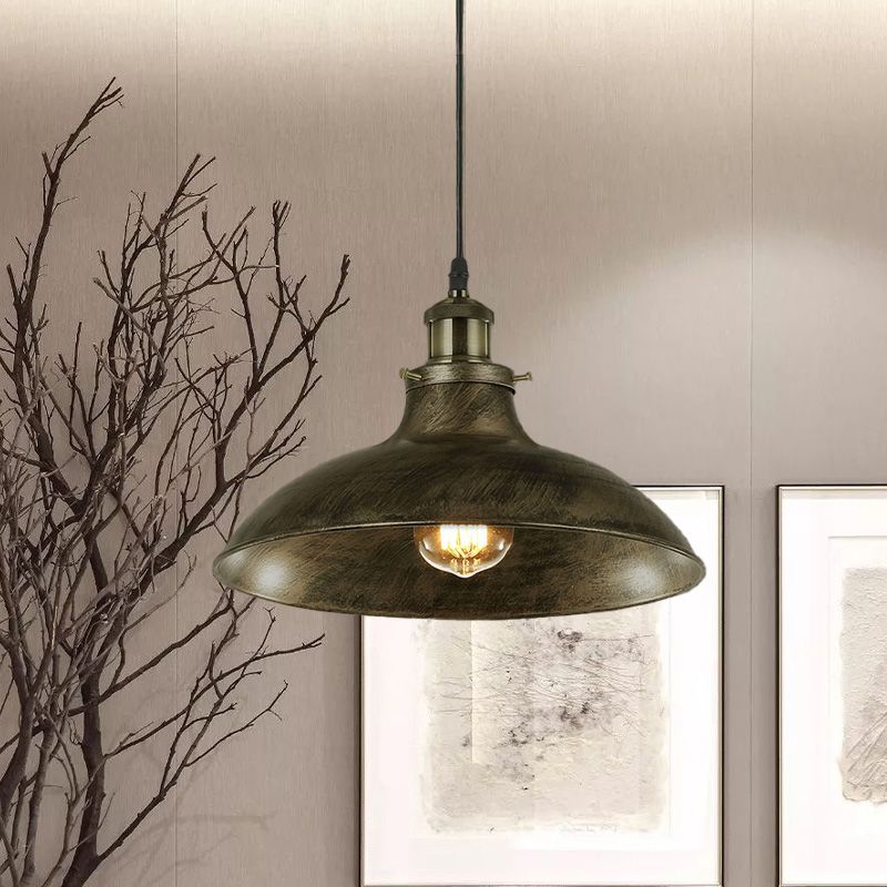 Antique Stylish Bowl Pendant Lamp 12"/14" W 1 Light Wrought Iron Hanging Fixture with Plug in Cord in Black/Grey
