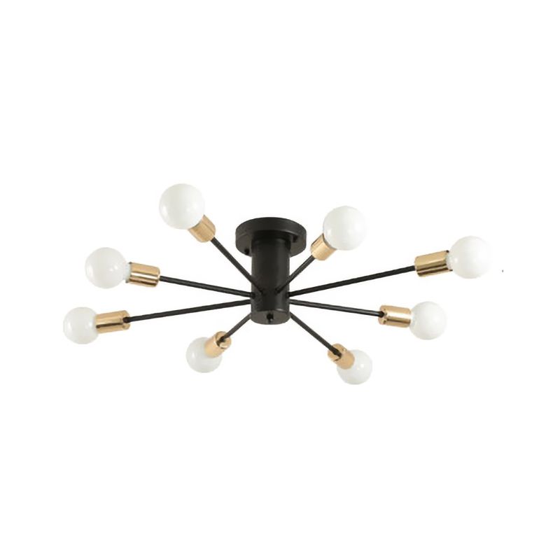 6/8 Heads Bare Bulb Semi Flush Mount Light Vintage Style Black/White Metallic Ceiling Light Fixture for Kitchen