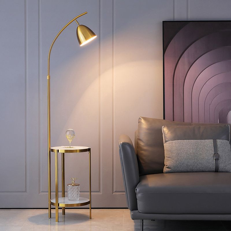 Bell Bedside Floor Lamp Metallic Single-Bulb Nordic Style Standing Lighting with 2-Tier Marble Shelf