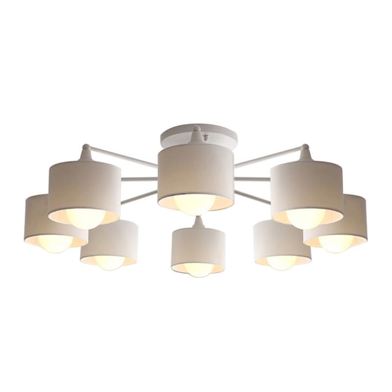 Fabric Sputnik Hanging Ceiling Light Minimalist 8 Lights Black/White/Flaxen Pendant Chandelier for Living Room