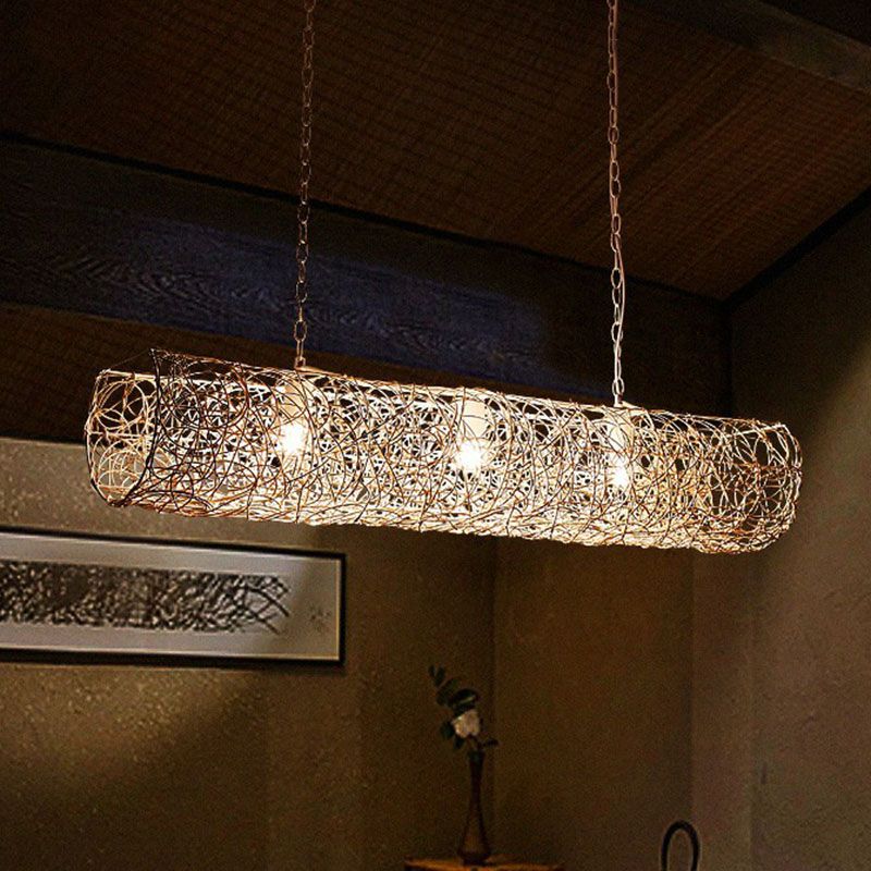 Contemporary Cylindrical Hanging Light Rattan 3 Bulbs Tea Room Island Ceiling Light