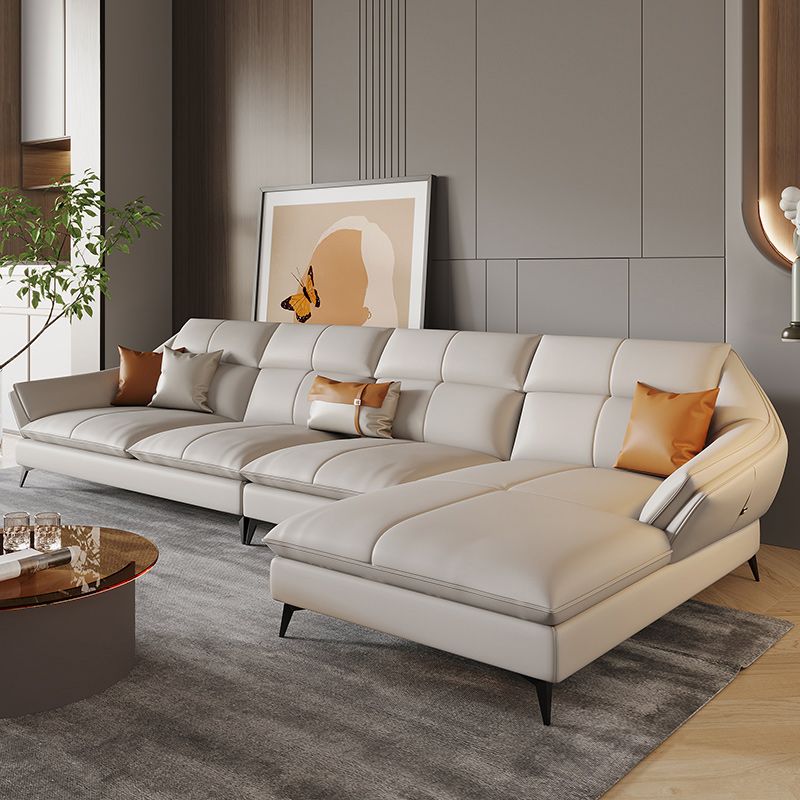 Scandinavian Sectional Sofa Pillowed Back Cushions White Leather Sectional