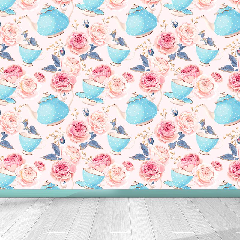 Modern Flower Rose Bloom Mural Pastel Moisture Resistant Wall Decor for Girls Room