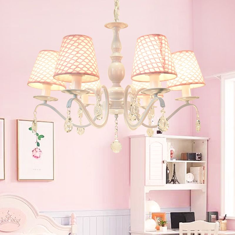 Tela rosa lámpara colgante colgante cónico 6 luces de iluminación tradicional con acento de cristal