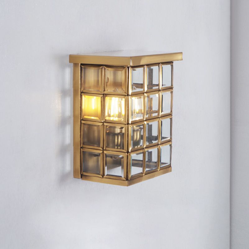 Colonial Grid Flush Wall Sconce 2-Light Clear Glass Outdoor Wall Mount Light in Gold