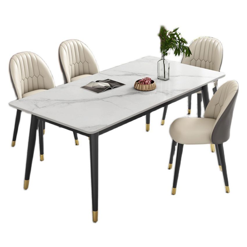 Contemporary Style Sintered Stone Dining Set with White Table and 4 Black Legs Base