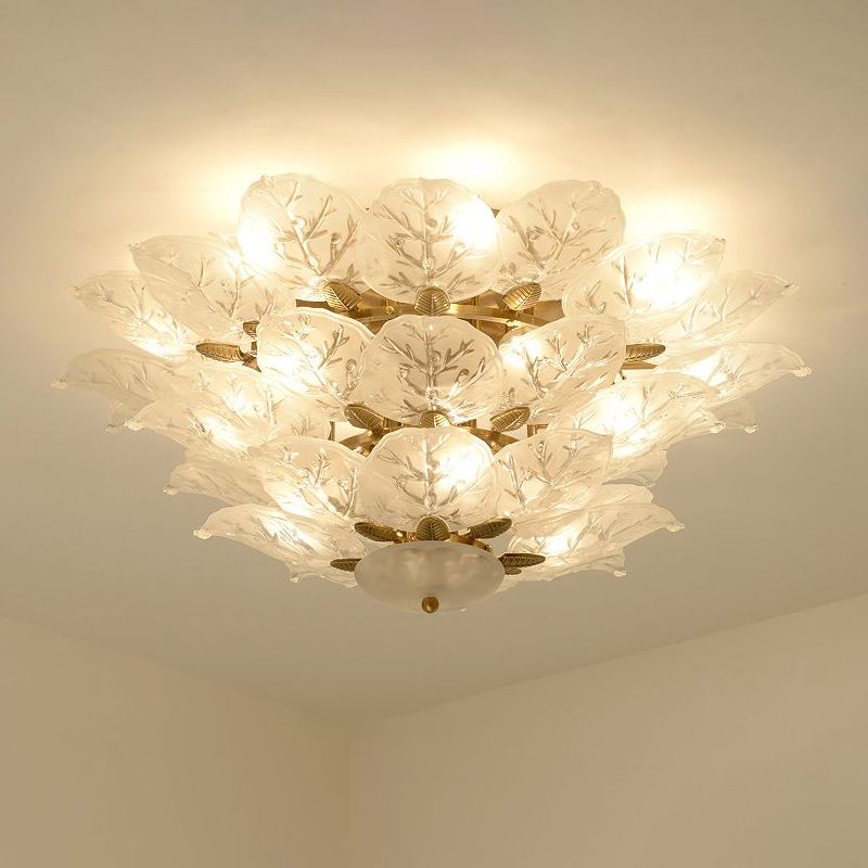Leafy Semi Flush Mount Lamp Contemporary Frost Glass 10-Light Living Room Ceiling Fixture in Gold