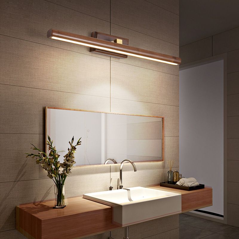 Wood Linear Shade Wall Sconce Modern 1-Light Mirror Wall Wall Lighting Fixtures in Brown