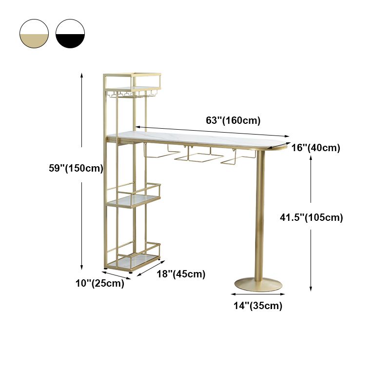 Glam White Stone Bistro Table Indoor Iron Double Pedestal Bar Dining Table with Wine Rack