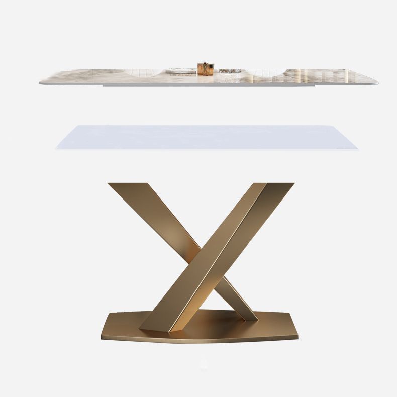 Modern Style Sintered Stone Dining Table with White Table and Gold Trestle Base for Home Use
