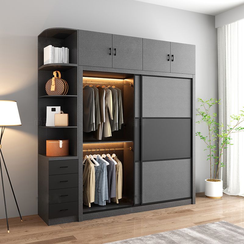 Modern Sliding Door Wardrobe for Bedroom Gray Manufactured Wood Cabinet
