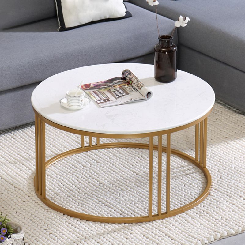 Glam Style White Round Coffee Table with Marble Top and Iron Frame Base