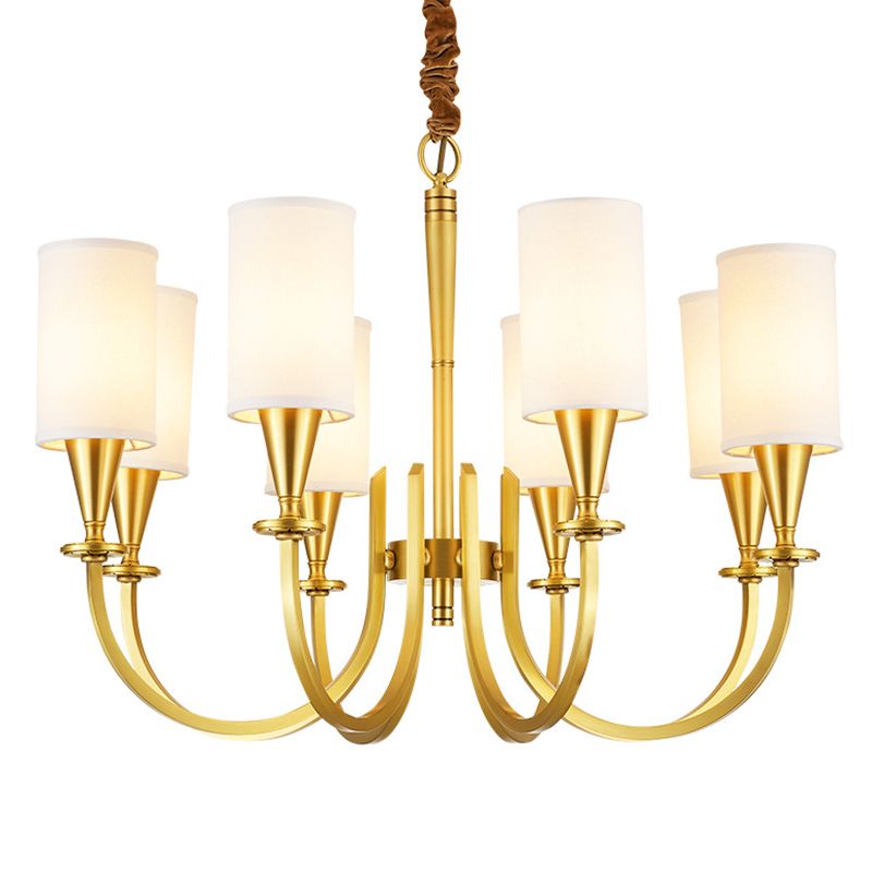 Brass American Traditional Style Chandelier Cylindrical Fabric Shade Dining Room Lighting Fixture with 19.6" Adjustable Suspension Chain