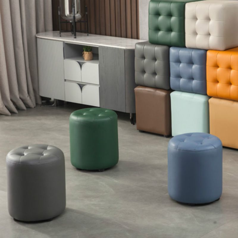 Dark Green Contemporary Pouf Pure Color Round Leather Indoor Pouf