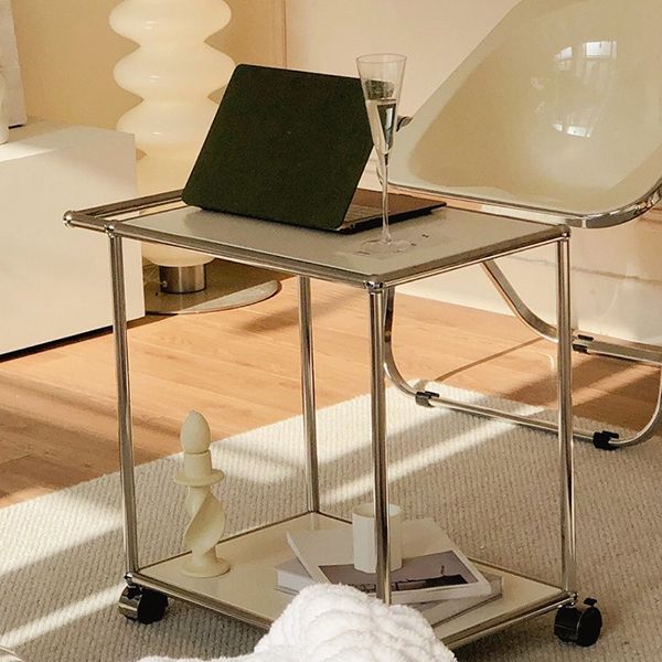 Medieval Modern Style Rectangular Metal/glass Table Wheel Base Side Table