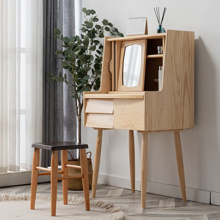 Solid Wood Makeup Table Vanity Stool with Drawers and Mirror in Brone