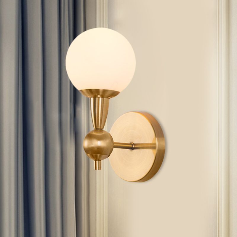 Mid Century 1/2-Bulb Wall Lighting Ideas Brass Orb Shaped Wall Mount Light with Opal Glass Lampshade