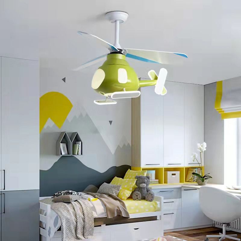 Metal Airplane Shaped Pendant Fan Lamp Cartoon LED Semi Flush Light for Kids Room