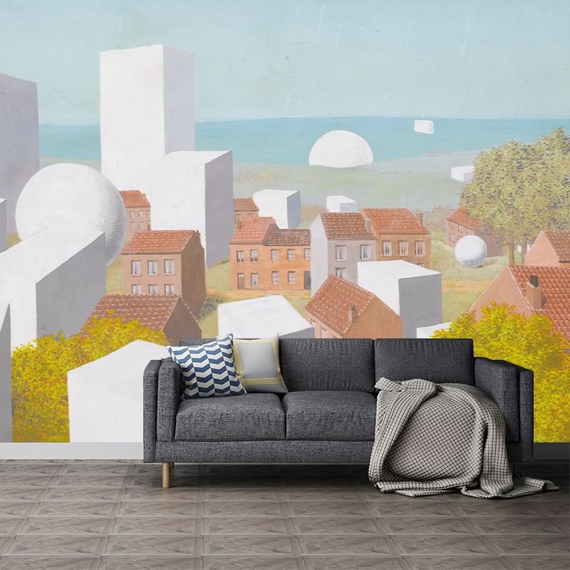 Orange-Yellow Surrealist Wallpaper Murals Full-Size Coastal Town Painting Wall Decor for Home