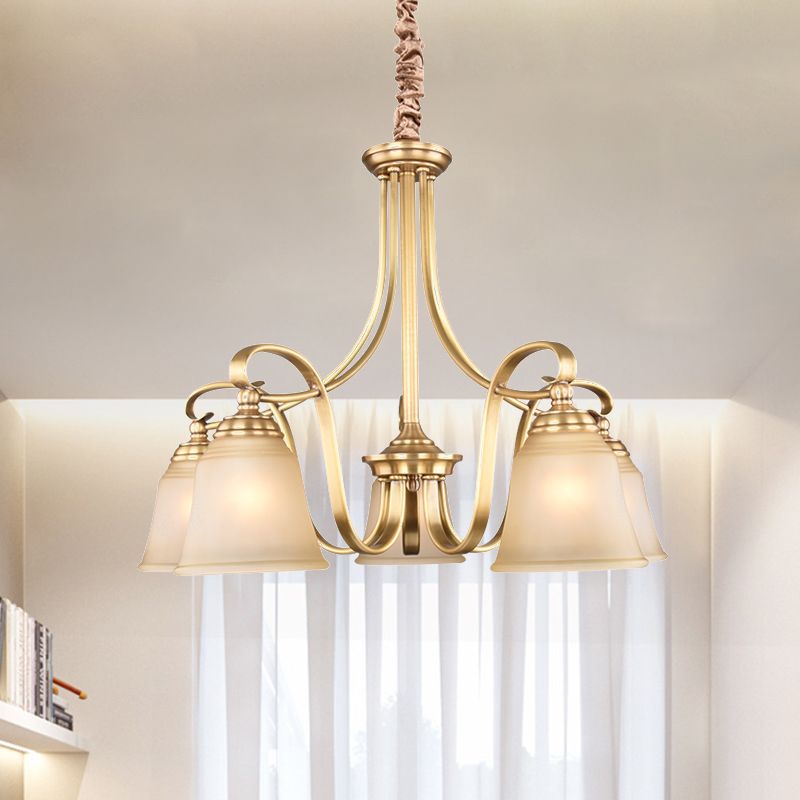 Colonialism Flared Chandelier Light Fixture 5/6 Bulbs Opal Glass Suspension Lamp in Gold with Scrolling Arm