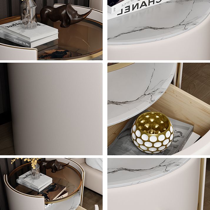 1-Drawer Glass Top Nightstand, 19.69" Tall 1-Shelf Leather Night Stand