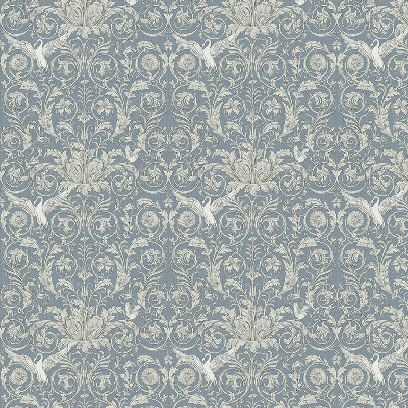 Bird and Flower Print Wallpaper Dark Blue Countryside Wall Covering for Accent Wall