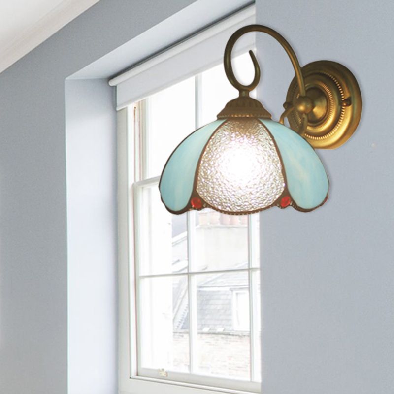 Tiffany Petal Shaped Sconce Light with Curved Arm 1 Light Glass Wall Light in Blue for Study Room