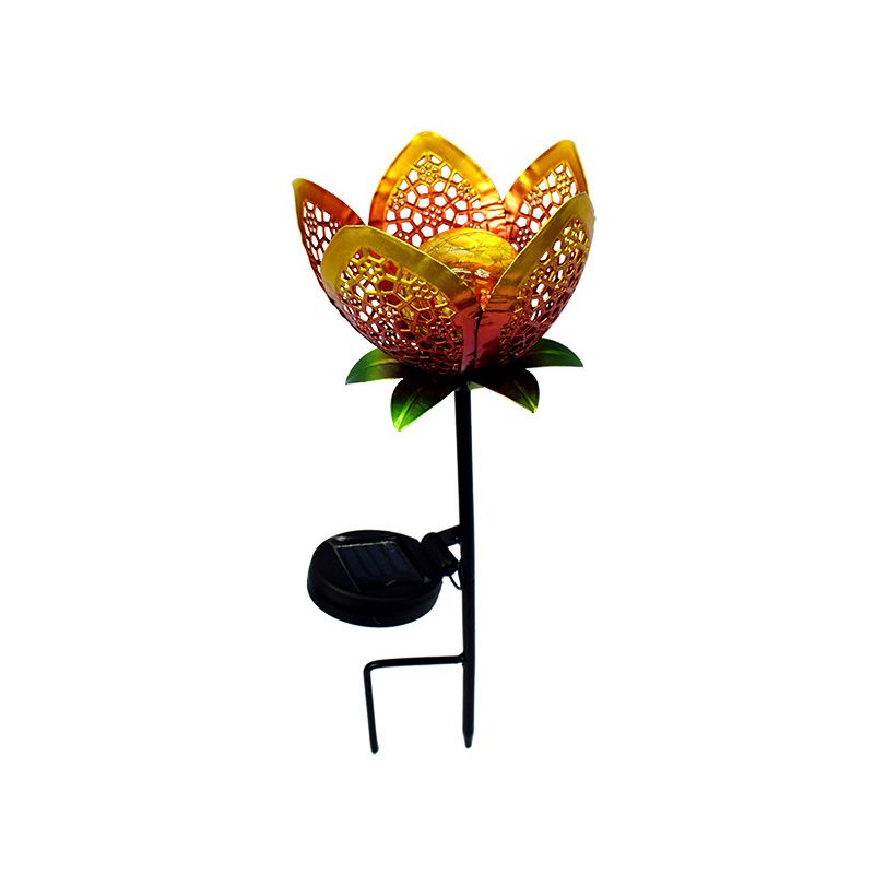 Gold Flower Ground Plug Light Decorative Iron Solar Powered LED Pathway Lamp for Garden, 2 Packs