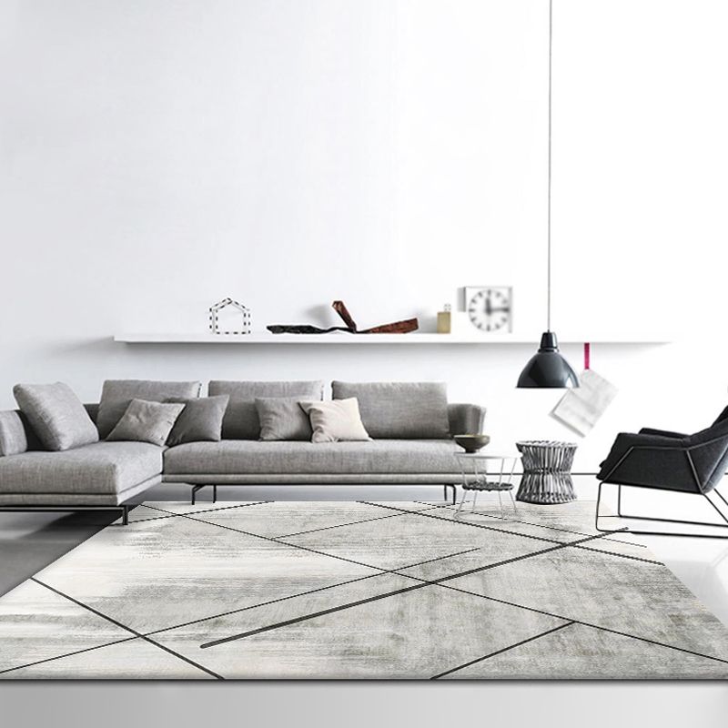 Grey Living Room Rug Modernism Geometric Pattern Rug Polyester Washable Anti-Slip Backing Pet Friendly Carpet