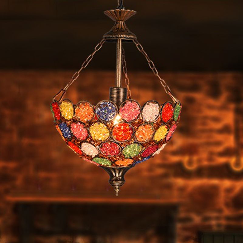 Orange Bowl Shape Hanging Light Bohemian Metal 1 Bulb Restaurant Pendant Lighting Fixture