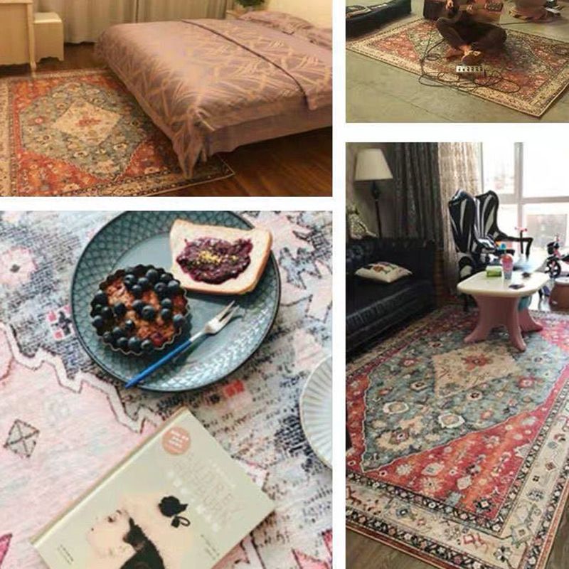 Retro Moroccan Print Area Carpet Red Tone Polyester Rug Washable Carpet for Home Decoration