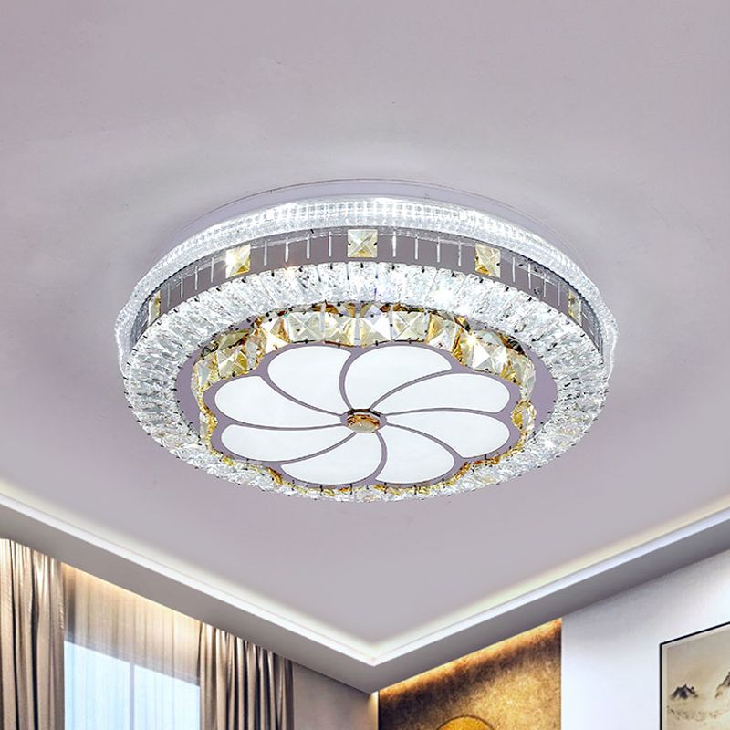 Faceted Crystal Round Flush Light Modernism LED Chrome Ceiling Mounted Fixture with Lotus Pattern