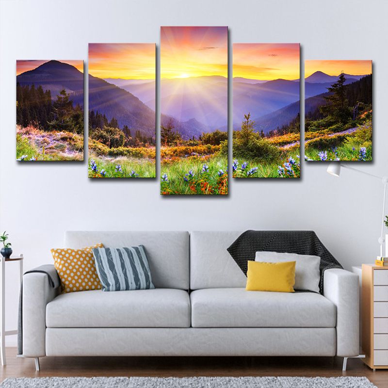 Country Blossom Flower Wall Decor Gold Sunburst Above Mountain Scenery Canvas Art