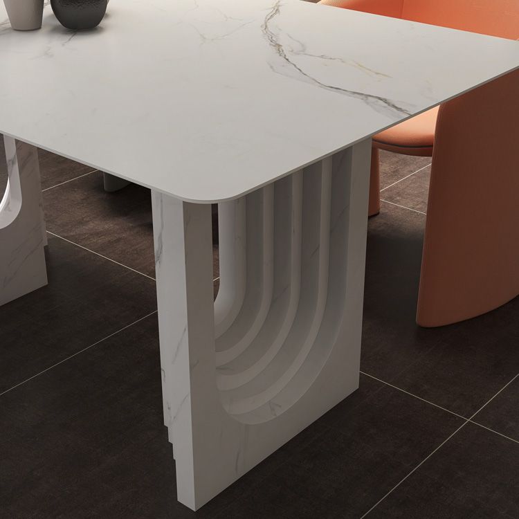 47.24''L Contemporary Sintered Stone Table White Dining Table with Double Pedestal Bases
