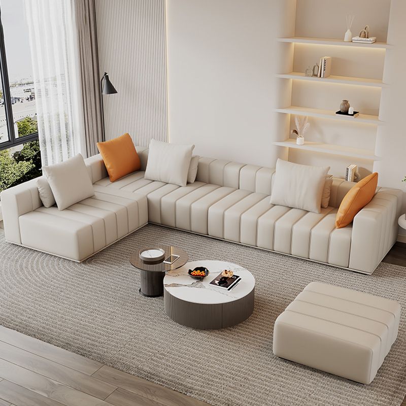 Genuine Leather Scandinavian Sofa Tuxedo Arm Sectional with Bolster Pillows