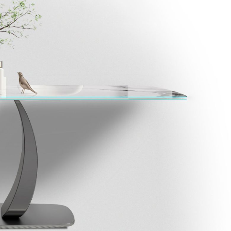 Rectangular Stone Top Dining Table Double Pedestal Metal Base for Living Room