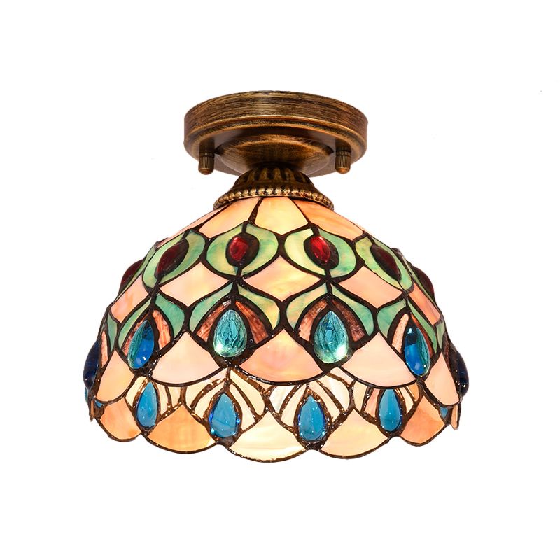 Plafonnier Shell Bowl fait à la main Tiffany à ampoule unique bleu/bleu clair/beige encastré avec cabochons en forme de pierres précieuses