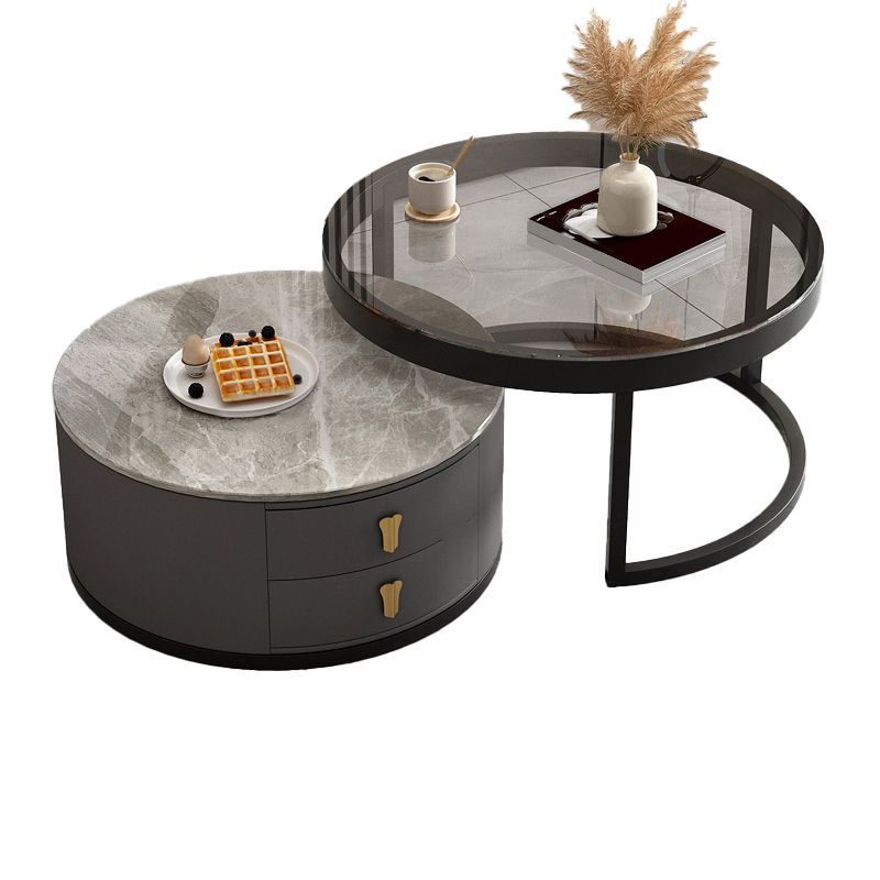Modern Round Glass Cocktail Table Set Iron Frame Coffee Table with Drawers