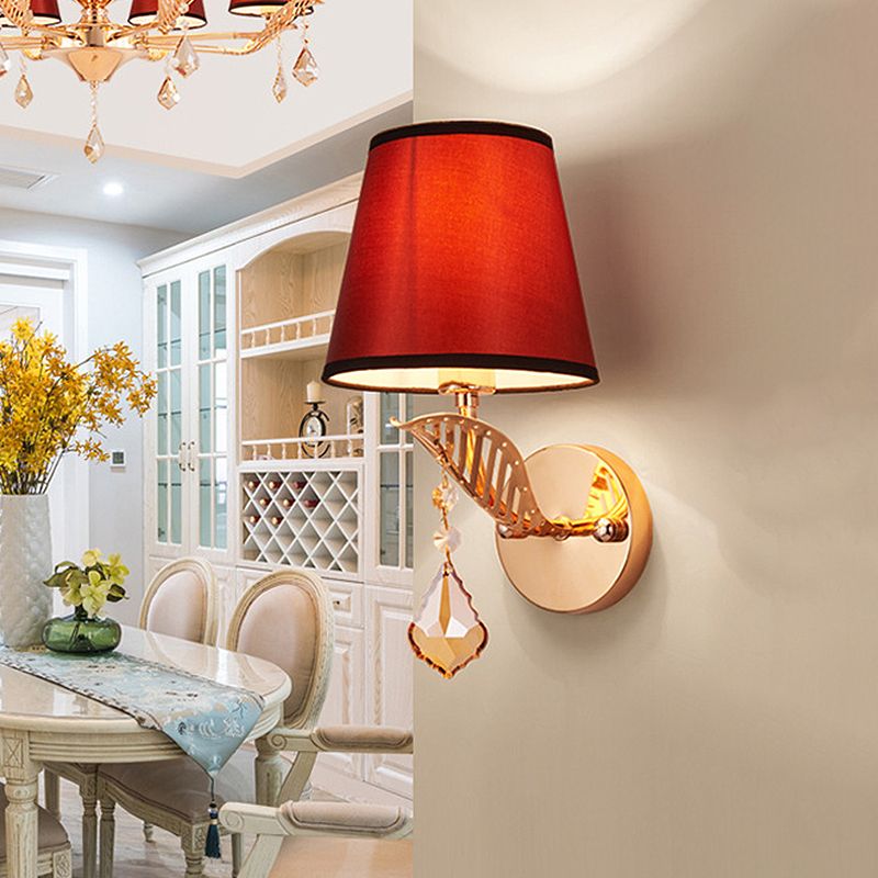 Fabric White/Red/Blue Sconce Light Tapered Bell 1-Light Traditional Wall Lamp for Bedroom with Crystal Drop