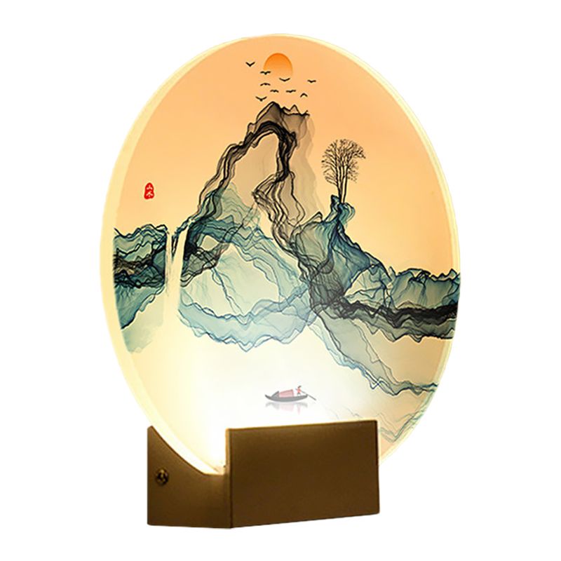 Blue Rounded Wall Mural Lamp Chinese Style LED Acrylic Wall Light Fixture with Mountain and Sun Pattern