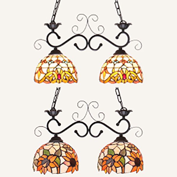 Dome Stainless Glass Pendant Light Tiffany Style 2 Lights Black Finish Island Lighting Fixture with Sunflower/Baroque Pattern
