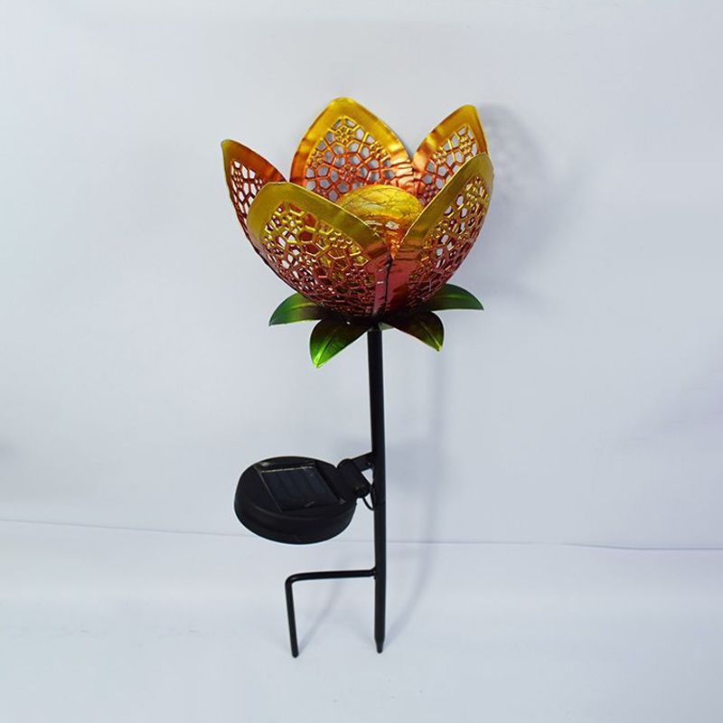 Gold Flower Ground Plug Light Decorative Iron Solar Powered LED Pathway Lamp for Garden, 2 Packs