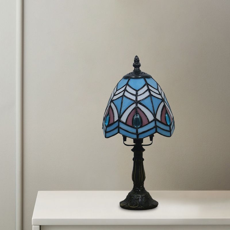 Beige/Pink Bowl Night Lamp Mediterranean 1 Bulb Hand Cut Glass Floral/Peacock Tail Patterned Table Lighting for Bedside