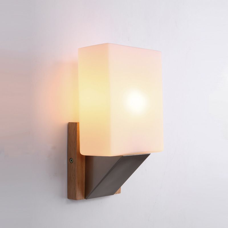 Modern Concise 1-Light Wall Lamp Wooden Geometric Wall Sconce with Glass Shade