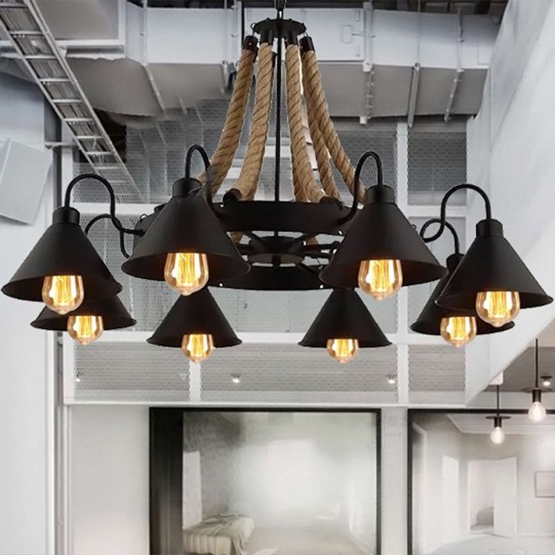 Circular Iron Ceiling Lighting Industrial Restaurant Chandelier Light Fixture with Hemp Rope in Black