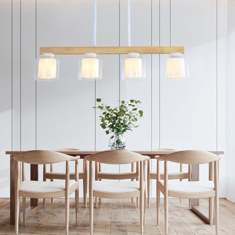 Nordic Linear Island Light Wood 3/4 Heads Dining Room Hanging Lamp with Cylinder White Glass Shade Inside