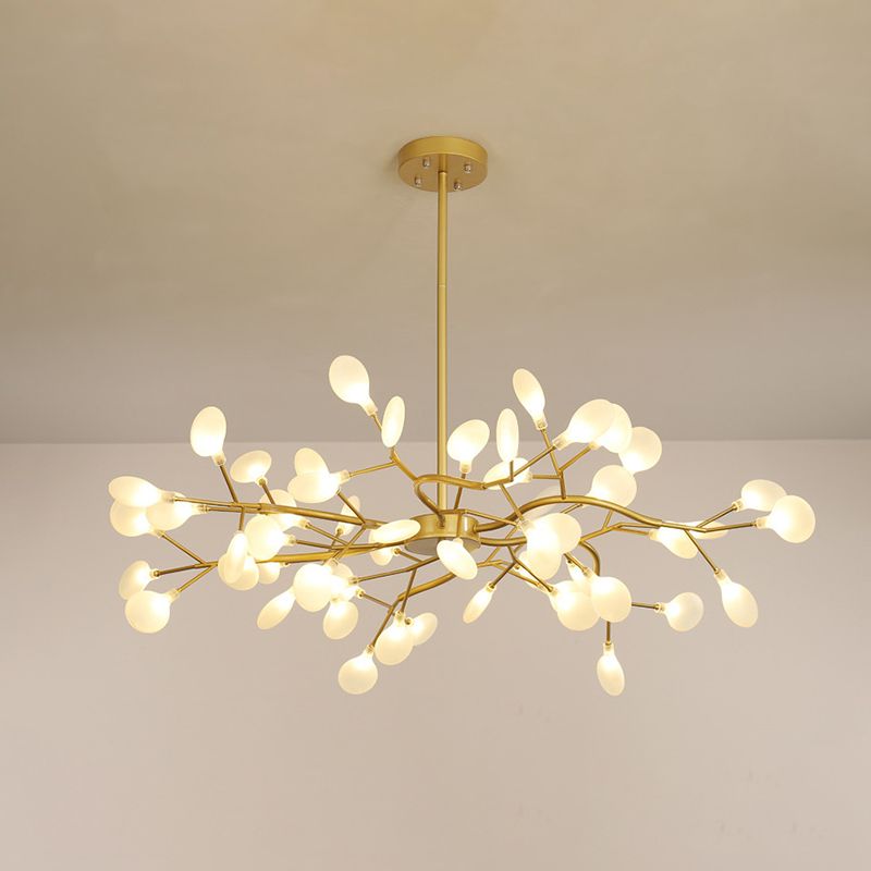 54-Light Unique Golden Linear Branch Firefly Chandelier for Dining Room, Adjustable Height